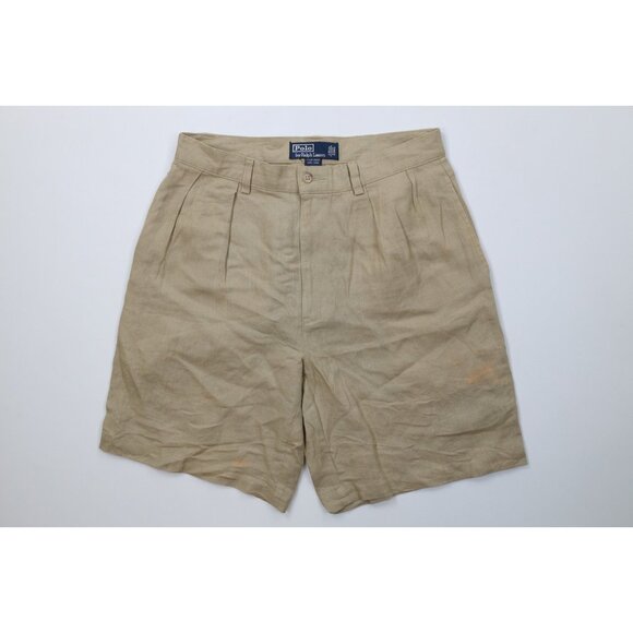 Vintage 90s Ralph Lauren Mens 32 Distressed Linen Above Knee Chino Shorts Beige - Picture 1 of 16